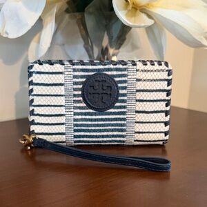 Tory Burch Navy and White Striped Wristlet